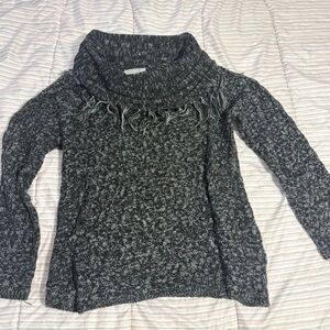 NY Collection Black White Tweed Women’s Sweater Cowl Neck Fringe Large